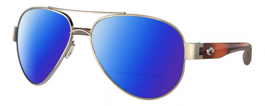 Profile View of Costa Del Mar South Point Designer Polarized Reading Sunglasses with Custom Cut Powered Blue Mirror Lenses in Rose Gold Auburn Brown Tortoise Havana Unisex Pilot Full Rim Metal 59 mm