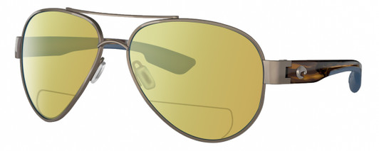 Profile View of Costa Del Mar South Point Designer Polarized Reading Sunglasses with Custom Cut Powered Sun Flower Yellow Lenses in Golden Pearl Brown Tortoise Havana Blue Unisex Pilot Full Rim Metal 59 mm