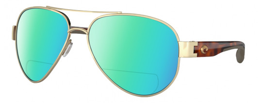 Profile View of Costa Del Mar South Point Designer Polarized Reading Sunglasses with Custom Cut Powered Green Mirror Lenses in Brushed Gold Brown Tortoise Havana Unisex Pilot Full Rim Metal 59 mm