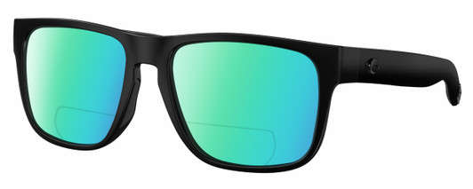 Profile View of Costa Del Mar Spearo Designer Polarized Reading Sunglasses with Custom Cut Powered Green Mirror Lenses in Matte Black Blackout Unisex Square Full Rim Acetate 56 mm