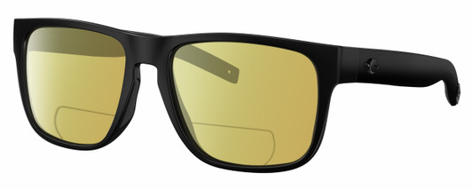 Profile View of Costa Del Mar Spearo Designer Polarized Reading Sunglasses with Custom Cut Powered Sun Flower Yellow Lenses in Matte Black Blackout Unisex Square Full Rim Acetate 56 mm