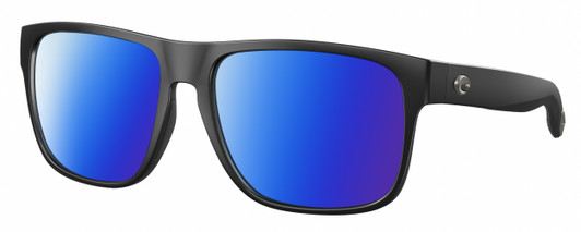 Profile View of Costa Del Mar Spearo XL Designer Polarized Sunglasses with Custom Cut Blue Mirror Lenses in Matte Black Unisex Square Full Rim Acetate 59 mm