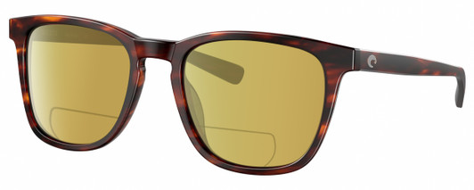 Profile View of Costa Del Mar Sullivan Designer Polarized Reading Sunglasses with Custom Cut Powered Sun Flower Yellow Lenses in Matte Amber Brown Tortoise Havana Unisex Panthos Full Rim Acetate 53 mm
