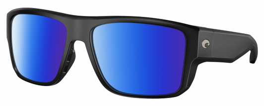 Profile View of Costa Del Mar Taxman Designer Polarized Sunglasses with Custom Cut Blue Mirror Lenses in Matte Black Unisex Square Full Rim Acetate 59 mm