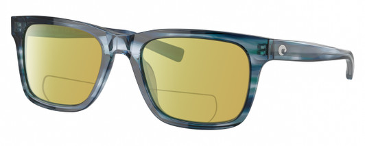 Profile View of Costa Del Mar Tybee Designer Polarized Reading Sunglasses with Custom Cut Powered Sun Flower Yellow Lenses in Blue Teal Crystal Ocean Currents Unisex Panthos Full Rim Acetate 55 mm