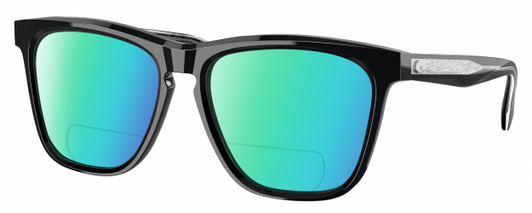 Profile View of Costa Del Mar Ulu Designer Polarized Reading Sunglasses with Custom Cut Powered Green Mirror Lenses in Gloss Black Silver Unisex Cat Eye Full Rim Acetate 56 mm