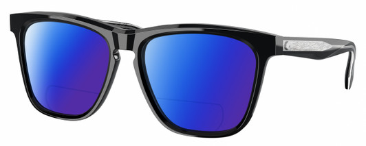 Profile View of Costa Del Mar Ulu Designer Polarized Reading Sunglasses with Custom Cut Powered Blue Mirror Lenses in Gloss Black Silver Unisex Cat Eye Full Rim Acetate 56 mm