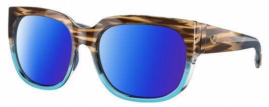 Profile View of Costa Del Mar Waterwoman II Designer Polarized Sunglasses with Custom Cut Blue Mirror Lenses in Shiny Brown Beige Blue Clear Crystal Wahoo Ladies Cat Eye Full Rim Acetate 58 mm