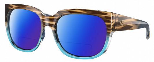 Profile View of Costa Del Mar Waterwoman II Designer Polarized Reading Sunglasses with Custom Cut Powered Blue Mirror Lenses in Shiny Brown Beige Blue Clear Crystal Wahoo Ladies Cat Eye Full Rim Acetate 58 mm