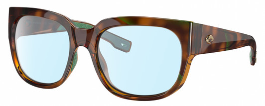 Profile View of Costa Del Mar Waterwoman Designer Blue Light Blocking Eyeglasses in Shiny Palm Brown Teal Green Tortoise Havana Ladies Cat Eye Full Rim Acetate 55 mm