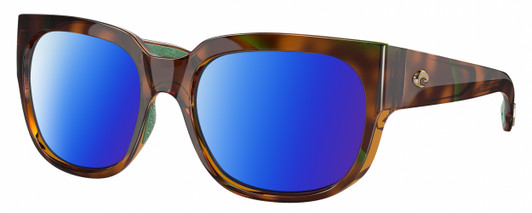 Profile View of Costa Del Mar Waterwoman Designer Polarized Sunglasses with Custom Cut Blue Mirror Lenses in Shiny Palm Brown Teal Green Tortoise Havana Ladies Cat Eye Full Rim Acetate 55 mm
