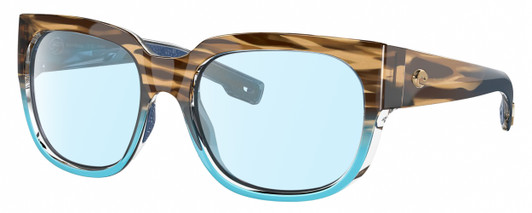 Profile View of Costa Del Mar Waterwoman Designer Blue Light Blocking Eyeglasses in Shiny Wahoo Brown Beige Stripes Blue Crystal Ladies Cat Eye Full Rim Acetate 55 mm