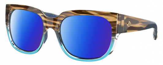 Profile View of Costa Del Mar Waterwoman Designer Polarized Sunglasses with Custom Cut Blue Mirror Lenses in Shiny Wahoo Brown Beige Stripes Blue Crystal Ladies Cat Eye Full Rim Acetate 55 mm