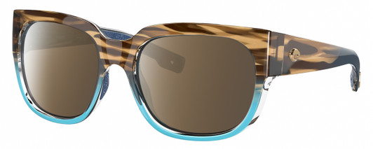 Profile View of Costa Del Mar Waterwoman Designer Polarized Sunglasses with Custom Cut Amber Brown Lenses in Shiny Wahoo Brown Beige Stripes Blue Crystal Ladies Cat Eye Full Rim Acetate 55 mm