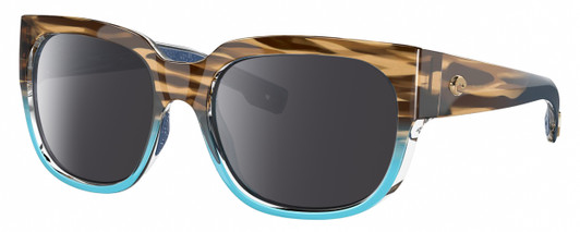 Profile View of Costa Del Mar Waterwoman Designer Polarized Sunglasses with Custom Cut Smoke Grey Lenses in Shiny Wahoo Brown Beige Stripes Blue Crystal Ladies Cat Eye Full Rim Acetate 55 mm