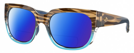 Profile View of Costa Del Mar Waterwoman Designer Polarized Reading Sunglasses with Custom Cut Powered Blue Mirror Lenses in Shiny Wahoo Brown Beige Stripes Blue Crystal Ladies Cat Eye Full Rim Acetate 55 mm