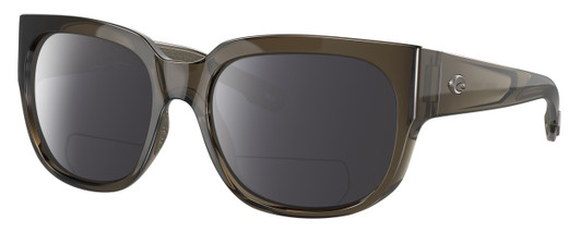 Profile View of Costa Del Mar Waterwoman Designer Polarized Reading Sunglasses with Custom Cut Powered Smoke Grey Lenses in Taupe Gray Brown Crystal Ladies Cat Eye Full Rim Acetate 55 mm