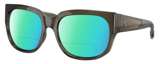 Profile View of Costa Del Mar Waterwoman Designer Polarized Reading Sunglasses with Custom Cut Powered Green Mirror Lenses in Taupe Gray Brown Crystal Ladies Cat Eye Full Rim Acetate 55 mm