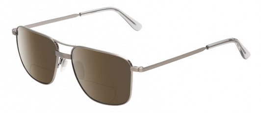 Profile View of American Optical Airman Designer Polarized Reading Sunglasses with Custom Cut Powered Amber Brown Lenses in Satin Pewter Grey Clear Unisex Pilot Full Rim Metal 56 mm