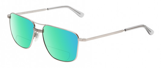 Profile View of American Optical Airman Designer Polarized Reading Sunglasses with Custom Cut Powered Green Mirror Lenses in Shiny Silver Clear Unisex Pilot Full Rim Metal 56 mm