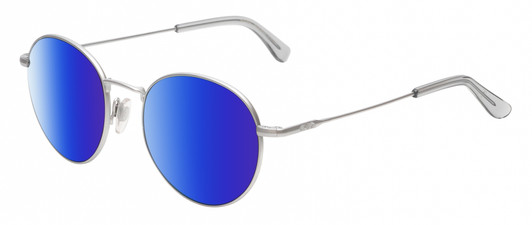 Profile View of American Optical AO-1002 Designer Polarized Sunglasses with Custom Cut Blue Mirror Lenses in Matte Silver Clear Unisex Round Full Rim Metal 51 mm