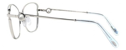 Side View of Chopard VCHF15S-0579 Designer Progressive Lens Blue Light Blocking Eyeglasses in Shiny Silver 23KT Gold Plated/Blue/Gemstone Accent Ladies Cat Eye Full Rim Metal 55 mm