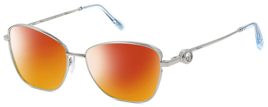 Profile View of Chopard VCHF15S-0579 Designer Polarized Sunglasses with Custom Cut Red Mirror Lenses in Shiny Silver 23KT Gold Plated/Blue/Gemstone Accent Ladies Cat Eye Full Rim Metal 55 mm