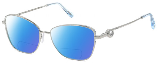 Profile View of Chopard VCHF15S-0579 Designer Polarized Reading Sunglasses with Custom Cut Powered Blue Mirror Lenses in Shiny Silver 23KT Gold Plated/Blue/Gemstone Accent Ladies Cat Eye Full Rim Metal 55 mm