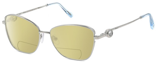 Profile View of Chopard VCHF15S-0579 Designer Polarized Reading Sunglasses with Custom Cut Powered Sun Flower Yellow Lenses in Shiny Silver 23KT Gold Plated/Blue/Gemstone Accent Ladies Cat Eye Full Rim Metal 55 mm