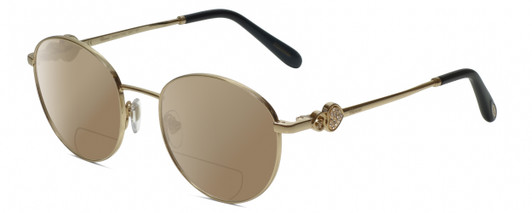 Profile View of Chopard VCHC52S-0300 Designer Polarized Reading Sunglasses with Custom Cut Powered Amber Brown Lenses in Shiny 23KT Gold Plated/Black/Heart Gemstone Accent Ladies Round Full Rim Metal 51 mm