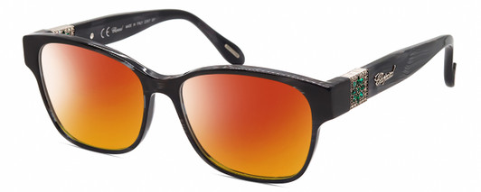 Profile View of Chopard VCH304S-09MS Designer Polarized Sunglasses with Custom Cut Red Mirror Lenses in Gloss Black Grey Line Pattern/Silver Green Gemstone Flower Accent Ladies Cat Eye Full Rim Acetate 54 mm