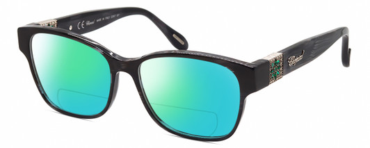 Profile View of Chopard VCH304S-09MS Designer Polarized Reading Sunglasses with Custom Cut Powered Green Mirror Lenses in Gloss Black Grey Line Pattern/Silver Green Gemstone Flower Accent Ladies Cat Eye Full Rim Acetate 54 mm