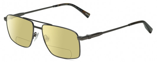 Profile View of Chopard VCHF56-0568 Designer Polarized Reading Sunglasses with Custom Cut Powered Sun Flower Yellow Lenses in Shiny Black Gunmetal Tortoise Havana Brown Mens Rectangular Full Rim Metal 57 mm