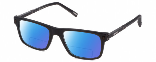 Profile View of Chopard VCH313-0703 Designer Polarized Reading Sunglasses with Custom Cut Powered Blue Mirror Lenses in Matte Black Carbon Fiber/Wood Mens Rectangular Full Rim Acetate 53 mm