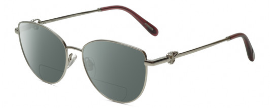 Profile View of Chopard VCHF51S-0579 Designer Polarized Reading Sunglasses with Custom Cut Powered Smoke Grey Lenses in Shiny Silver/Mulberry Purple Crystal/Gemstone Accent Ladies Cat Eye Full Rim Metal 54 mm
