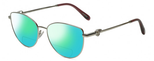 Profile View of Chopard VCHF51S-0579 Designer Polarized Reading Sunglasses with Custom Cut Powered Green Mirror Lenses in Shiny Silver/Mulberry Purple Crystal/Gemstone Accent Ladies Cat Eye Full Rim Metal 54 mm