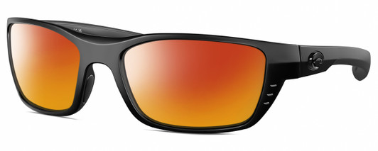 Profile View of Costa Del Mar Whitetip Designer Polarized Sunglasses with Custom Cut Red Mirror Lenses in Matte Black Unisex Rectangular Full Rim Acetate 58 mm