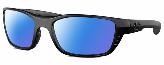 Profile View of Costa Del Mar Whitetip Designer Polarized Sunglasses with Custom Cut Blue Mirror Lenses in Matte Black Unisex Rectangular Full Rim Acetate 58 mm