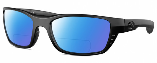 Profile View of Costa Del Mar Whitetip Designer Polarized Reading Sunglasses with Custom Cut Powered Blue Mirror Lenses in Matte Black Unisex Rectangular Full Rim Acetate 58 mm