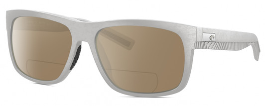 Profile View of Costa Del Mar Baffin Designer Polarized Reading Sunglasses with Custom Cut Powered Amber Brown Lenses in Matte Light Grey Unisex Square Full Rim Acetate 58 mm