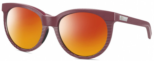 Profile View of Costa Del Mar Victoria Designer Polarized Sunglasses with Custom Cut Red Mirror Lenses in Matte Plum Purple Silver Ladies Cat Eye Full Rim Acetate 55 mm