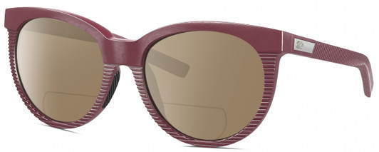 Profile View of Costa Del Mar Victoria Designer Polarized Reading Sunglasses with Custom Cut Powered Amber Brown Lenses in Matte Plum Purple Silver Ladies Cat Eye Full Rim Acetate 55 mm
