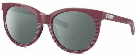 Profile View of Costa Del Mar Victoria Designer Polarized Reading Sunglasses with Custom Cut Powered Smoke Grey Lenses in Matte Plum Purple Silver Ladies Cat Eye Full Rim Acetate 55 mm