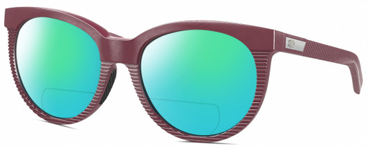 Profile View of Costa Del Mar Victoria Designer Polarized Reading Sunglasses with Custom Cut Powered Green Mirror Lenses in Matte Plum Purple Silver Ladies Cat Eye Full Rim Acetate 55 mm