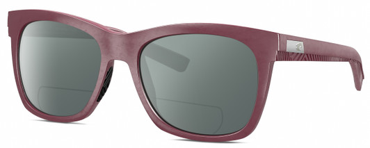 Profile View of Costa Del Mar Caldera Designer Polarized Reading Sunglasses with Custom Cut Powered Smoke Grey Lenses in Matte Plum Purple Silver Unisex Square Full Rim Acetate 55 mm