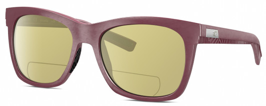 Profile View of Costa Del Mar Caldera Designer Polarized Reading Sunglasses with Custom Cut Powered Sun Flower Yellow Lenses in Matte Plum Purple Silver Unisex Square Full Rim Acetate 55 mm