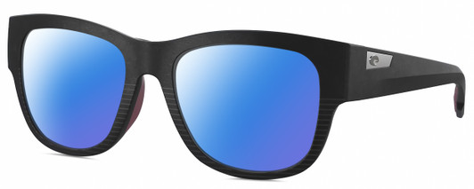 Profile View of Costa Del Mar Caleta Designer Polarized Sunglasses with Custom Cut Blue Mirror Lenses in Matte Black Plum Purple Unisex Square Full Rim Acetate 55 mm