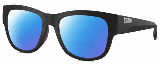 Profile View of Costa Del Mar Caleta Designer Polarized Reading Sunglasses with Custom Cut Powered Blue Mirror Lenses in Matte Black Plum Purple Unisex Square Full Rim Acetate 55 mm