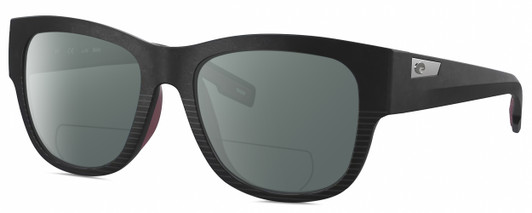 Profile View of Costa Del Mar Caleta Designer Polarized Reading Sunglasses with Custom Cut Powered Smoke Grey Lenses in Matte Black Plum Purple Unisex Square Full Rim Acetate 55 mm