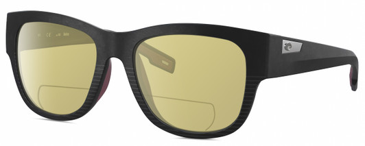 Profile View of Costa Del Mar Caleta Designer Polarized Reading Sunglasses with Custom Cut Powered Sun Flower Yellow Lenses in Matte Black Plum Purple Unisex Square Full Rim Acetate 55 mm